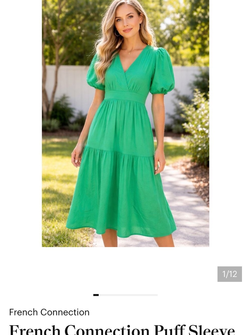 French Connection Emerald Green V-Neck Puff Sleeve Midi Dress